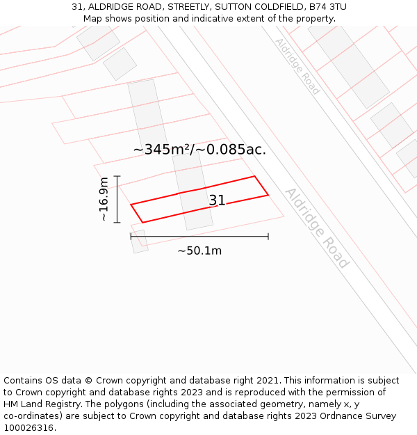 31, ALDRIDGE ROAD, STREETLY, SUTTON COLDFIELD, B74 3TU: Plot and title map