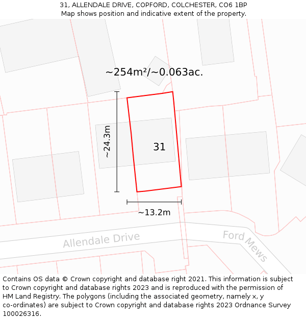 31, ALLENDALE DRIVE, COPFORD, COLCHESTER, CO6 1BP: Plot and title map