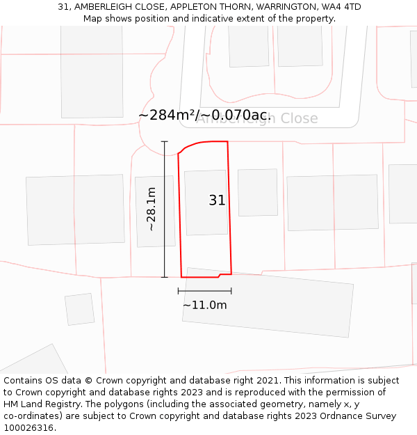 31, AMBERLEIGH CLOSE, APPLETON THORN, WARRINGTON, WA4 4TD: Plot and title map