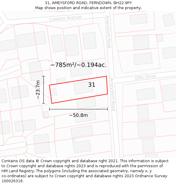 31, AMEYSFORD ROAD, FERNDOWN, BH22 9PY: Plot and title map