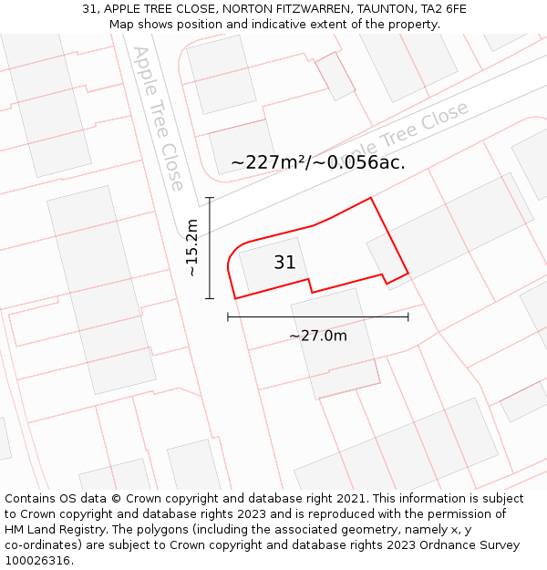 31, APPLE TREE CLOSE, NORTON FITZWARREN, TAUNTON, TA2 6FE: Plot and title map