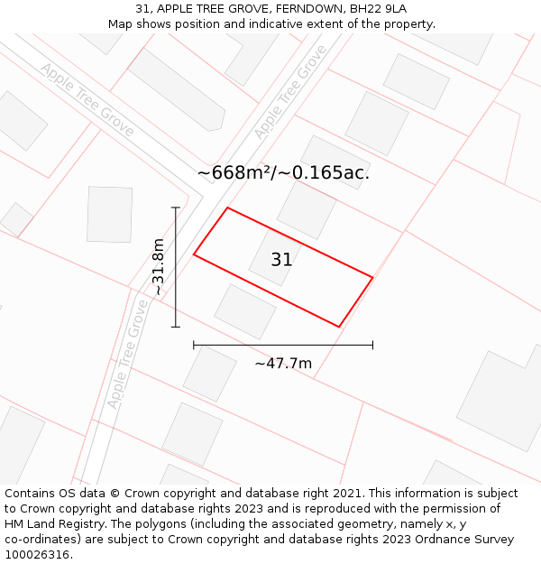 31, APPLE TREE GROVE, FERNDOWN, BH22 9LA: Plot and title map