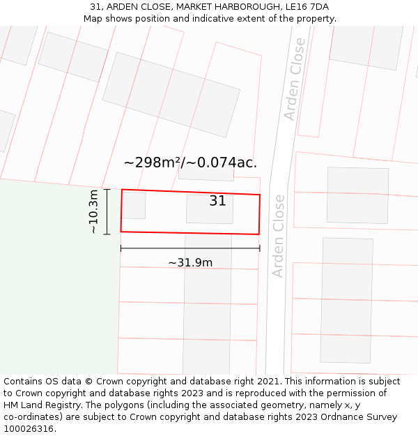 31, ARDEN CLOSE, MARKET HARBOROUGH, LE16 7DA: Plot and title map