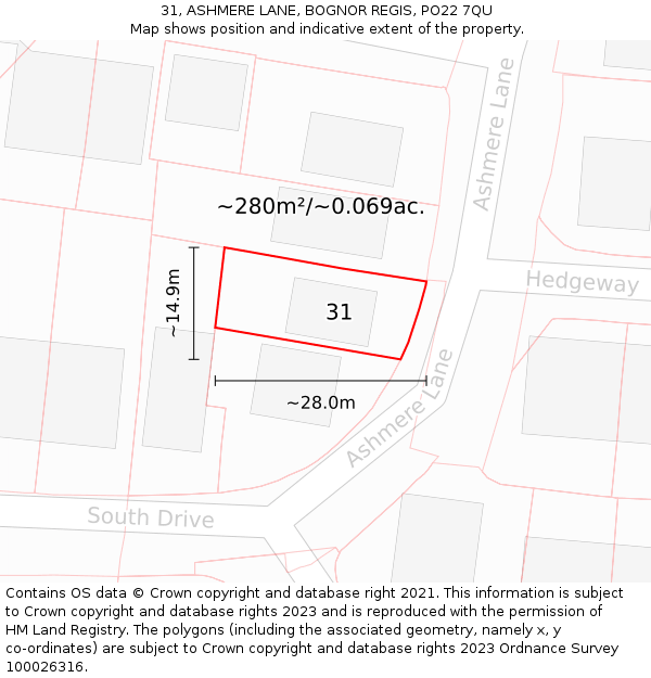 31, ASHMERE LANE, BOGNOR REGIS, PO22 7QU: Plot and title map