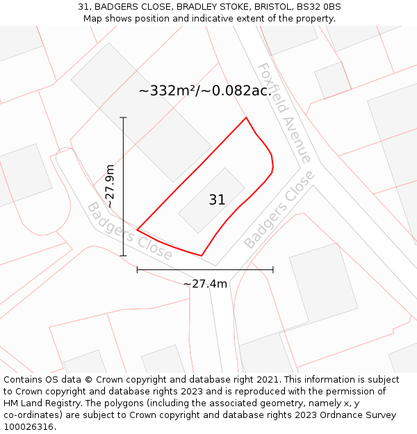 31, BADGERS CLOSE, BRADLEY STOKE, BRISTOL, BS32 0BS: Plot and title map