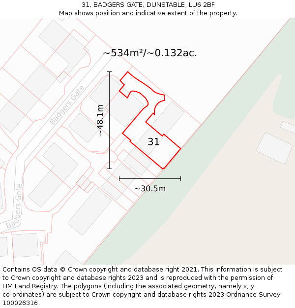 31, BADGERS GATE, DUNSTABLE, LU6 2BF: Plot and title map