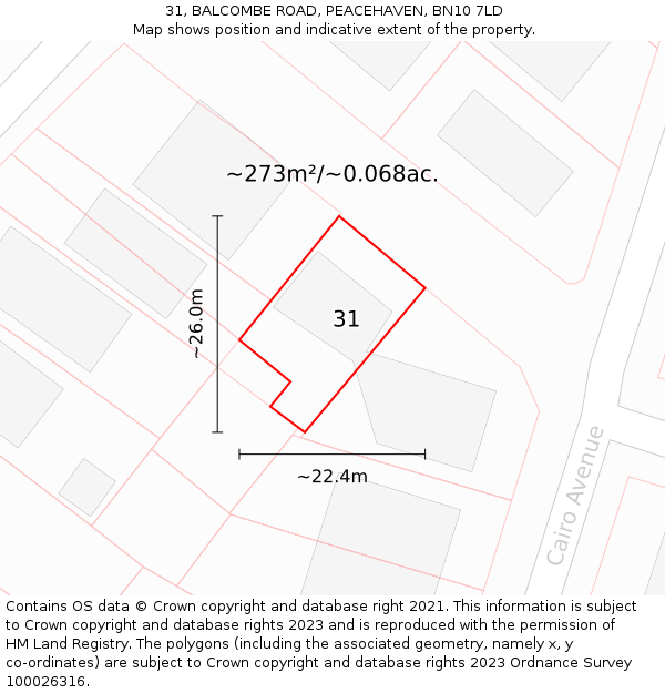 31, BALCOMBE ROAD, PEACEHAVEN, BN10 7LD: Plot and title map