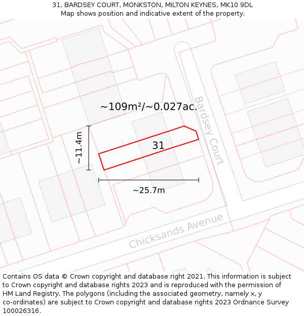 31, BARDSEY COURT, MONKSTON, MILTON KEYNES, MK10 9DL: Plot and title map