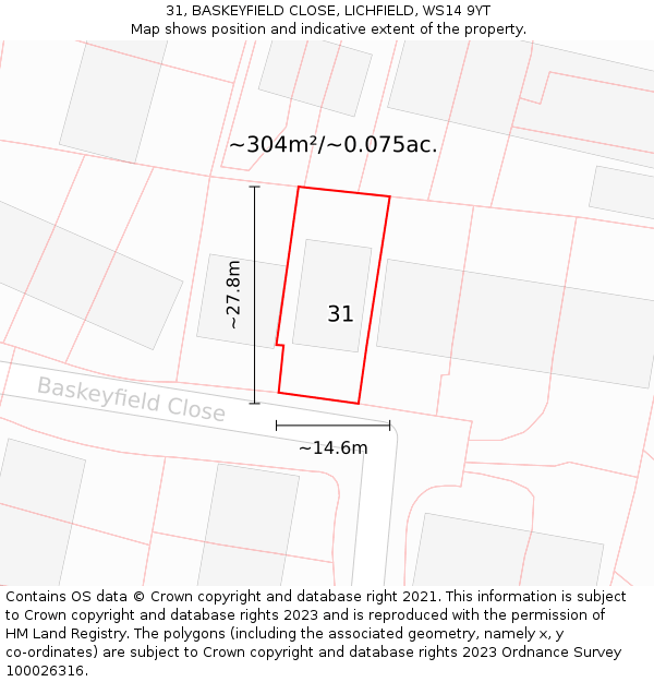 31, BASKEYFIELD CLOSE, LICHFIELD, WS14 9YT: Plot and title map