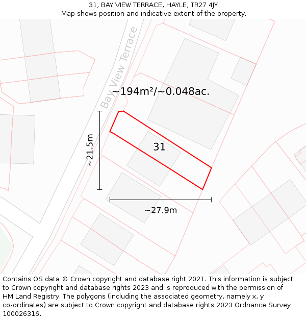 31, BAY VIEW TERRACE, HAYLE, TR27 4JY: Plot and title map