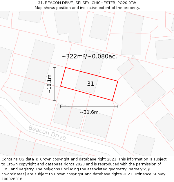 31, BEACON DRIVE, SELSEY, CHICHESTER, PO20 0TW: Plot and title map
