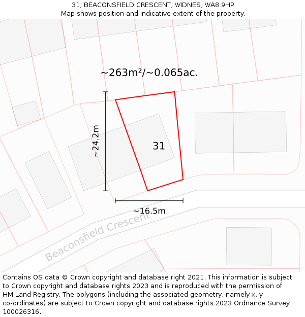 31, BEACONSFIELD CRESCENT, WIDNES, WA8 9HP: Plot and title map