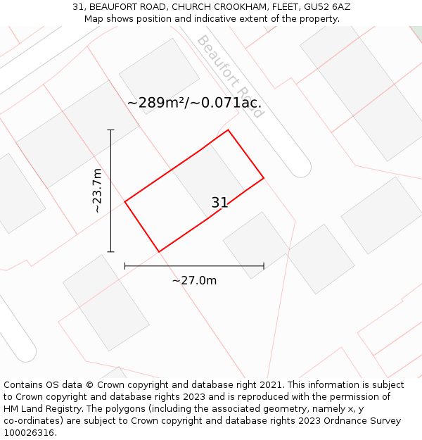 31, BEAUFORT ROAD, CHURCH CROOKHAM, FLEET, GU52 6AZ: Plot and title map