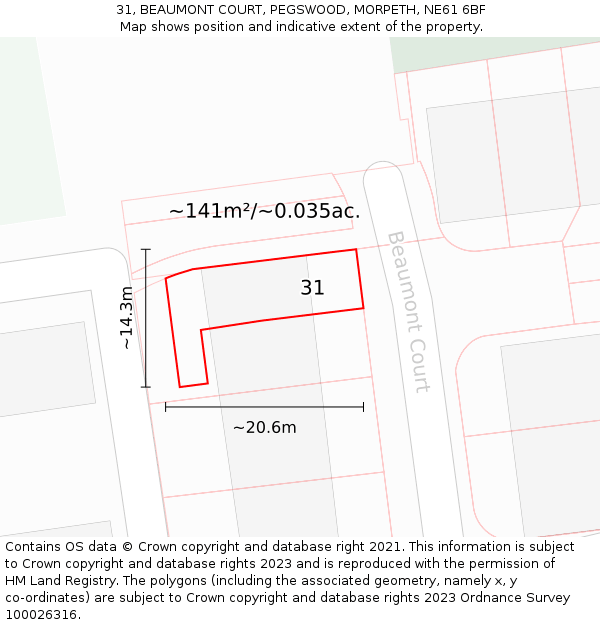 31, BEAUMONT COURT, PEGSWOOD, MORPETH, NE61 6BF: Plot and title map