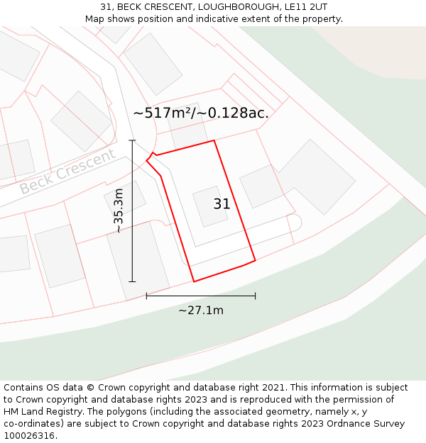 31, BECK CRESCENT, LOUGHBOROUGH, LE11 2UT: Plot and title map