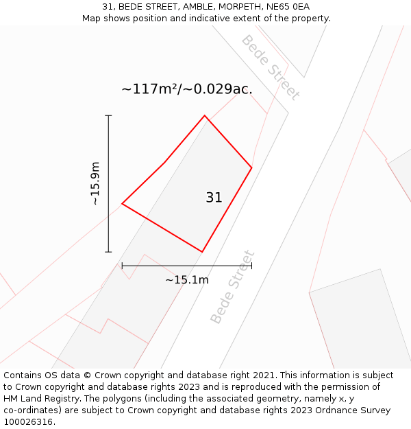 31, BEDE STREET, AMBLE, MORPETH, NE65 0EA: Plot and title map