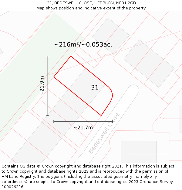 31, BEDESWELL CLOSE, HEBBURN, NE31 2GB: Plot and title map