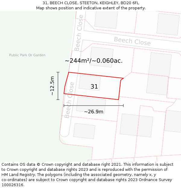 31, BEECH CLOSE, STEETON, KEIGHLEY, BD20 6FL: Plot and title map