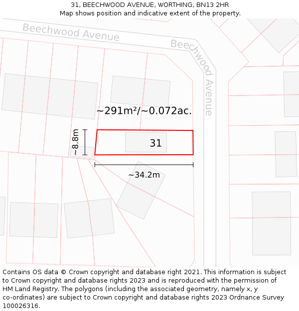31, BEECHWOOD AVENUE, WORTHING, BN13 2HR: Plot and title map