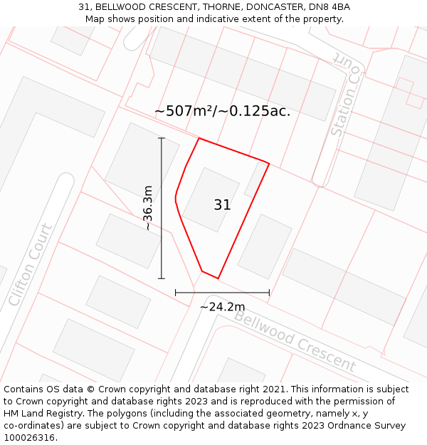 31, BELLWOOD CRESCENT, THORNE, DONCASTER, DN8 4BA: Plot and title map