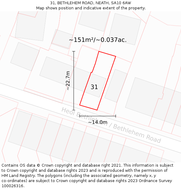 31, BETHLEHEM ROAD, NEATH, SA10 6AW: Plot and title map