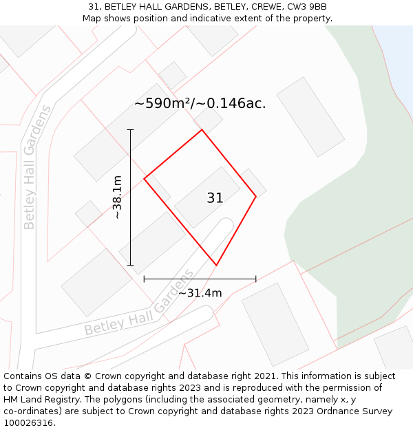 31, BETLEY HALL GARDENS, BETLEY, CREWE, CW3 9BB: Plot and title map