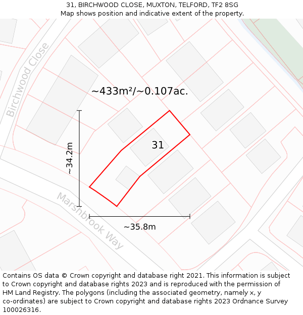 31, BIRCHWOOD CLOSE, MUXTON, TELFORD, TF2 8SG: Plot and title map