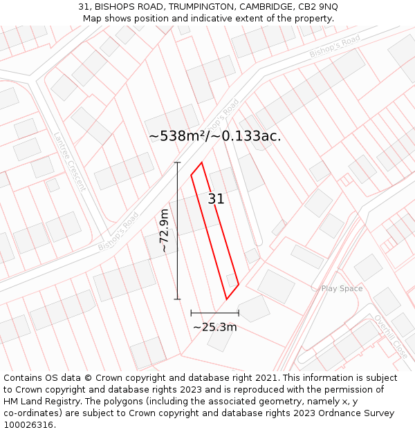 31, BISHOPS ROAD, TRUMPINGTON, CAMBRIDGE, CB2 9NQ: Plot and title map