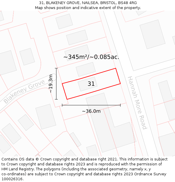 31, BLAKENEY GROVE, NAILSEA, BRISTOL, BS48 4RG: Plot and title map