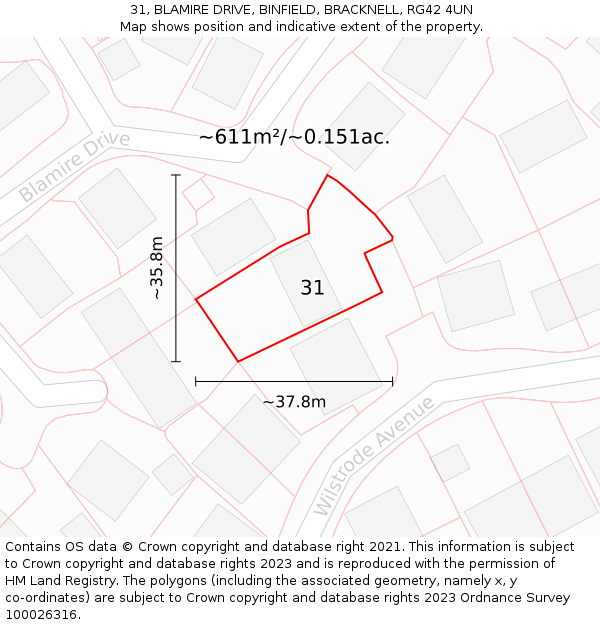 31, BLAMIRE DRIVE, BINFIELD, BRACKNELL, RG42 4UN: Plot and title map