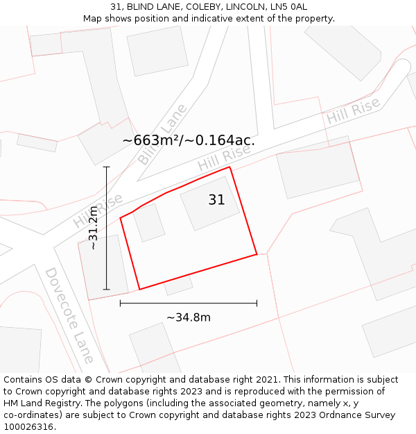 31, BLIND LANE, COLEBY, LINCOLN, LN5 0AL: Plot and title map