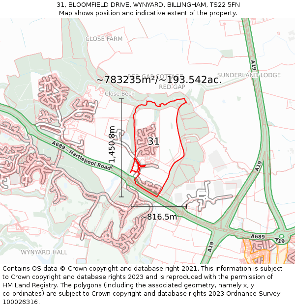 31, BLOOMFIELD DRIVE, WYNYARD, BILLINGHAM, TS22 5FN: Plot and title map