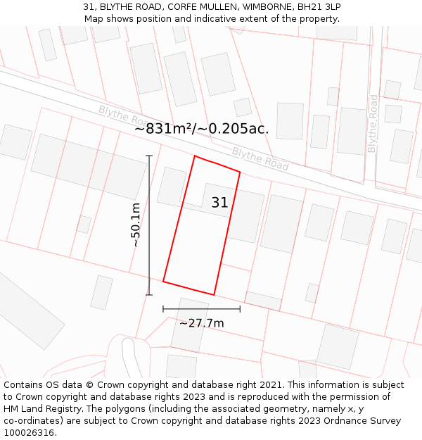 31, BLYTHE ROAD, CORFE MULLEN, WIMBORNE, BH21 3LP: Plot and title map