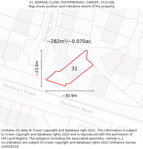 31, BORAGE CLOSE, PONTPRENNAU, CARDIFF, CF23 8SJ: Plot and title map