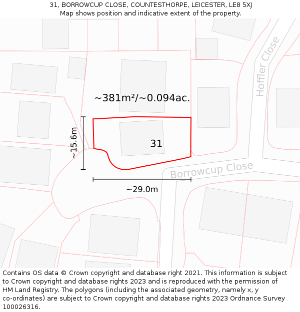 31, BORROWCUP CLOSE, COUNTESTHORPE, LEICESTER, LE8 5XJ: Plot and title map