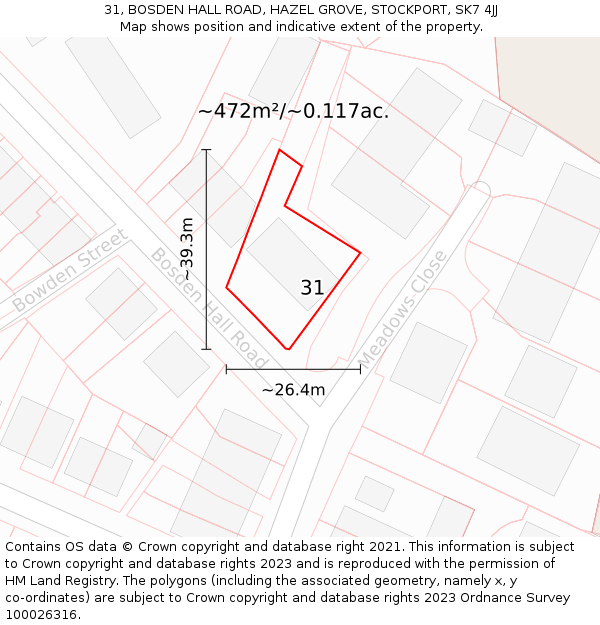 31, BOSDEN HALL ROAD, HAZEL GROVE, STOCKPORT, SK7 4JJ: Plot and title map