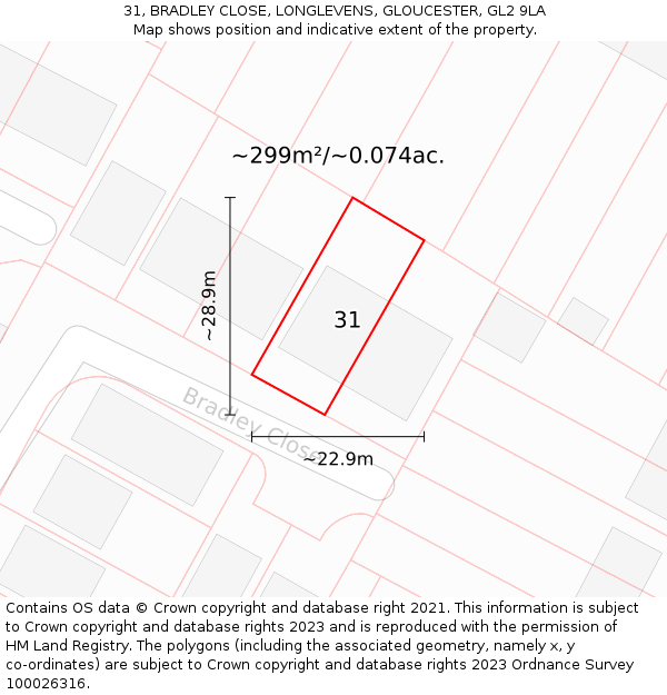 31, BRADLEY CLOSE, LONGLEVENS, GLOUCESTER, GL2 9LA: Plot and title map