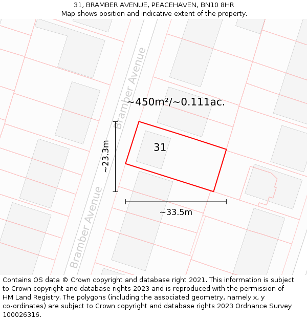 31, BRAMBER AVENUE, PEACEHAVEN, BN10 8HR: Plot and title map