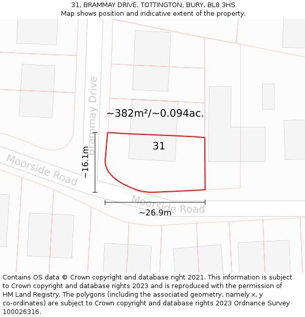 31, BRAMMAY DRIVE, TOTTINGTON, BURY, BL8 3HS: Plot and title map