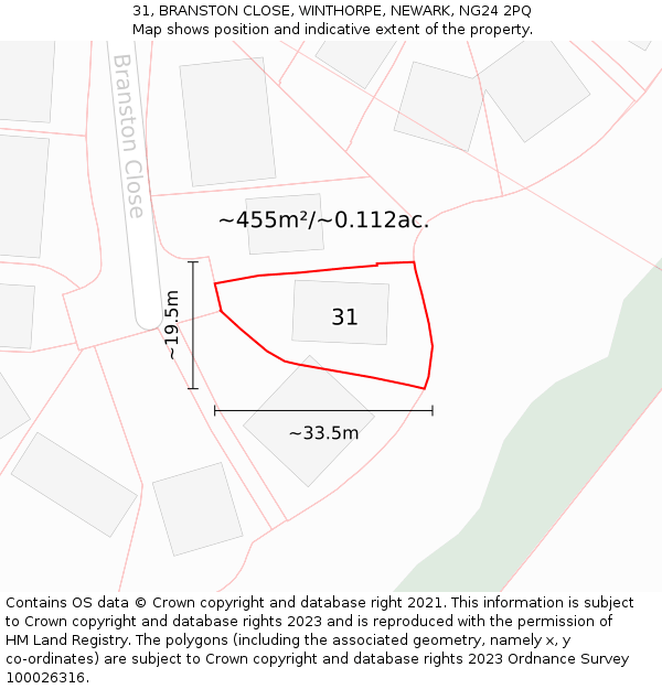 31, BRANSTON CLOSE, WINTHORPE, NEWARK, NG24 2PQ: Plot and title map