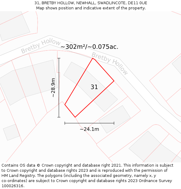 31, BRETBY HOLLOW, NEWHALL, SWADLINCOTE, DE11 0UE: Plot and title map