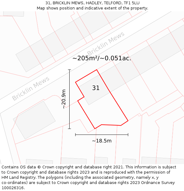 31, BRICKLIN MEWS, HADLEY, TELFORD, TF1 5LU: Plot and title map