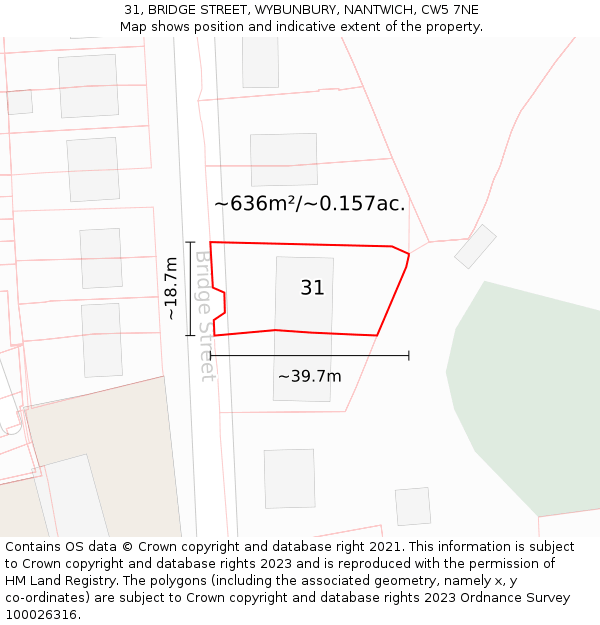 31, BRIDGE STREET, WYBUNBURY, NANTWICH, CW5 7NE: Plot and title map