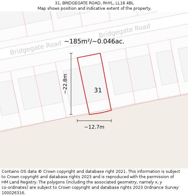 31, BRIDGEGATE ROAD, RHYL, LL18 4BL: Plot and title map