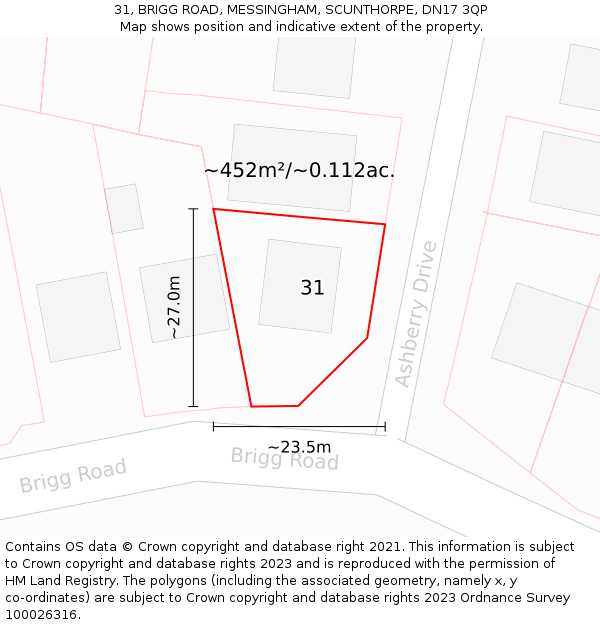 31, BRIGG ROAD, MESSINGHAM, SCUNTHORPE, DN17 3QP: Plot and title map