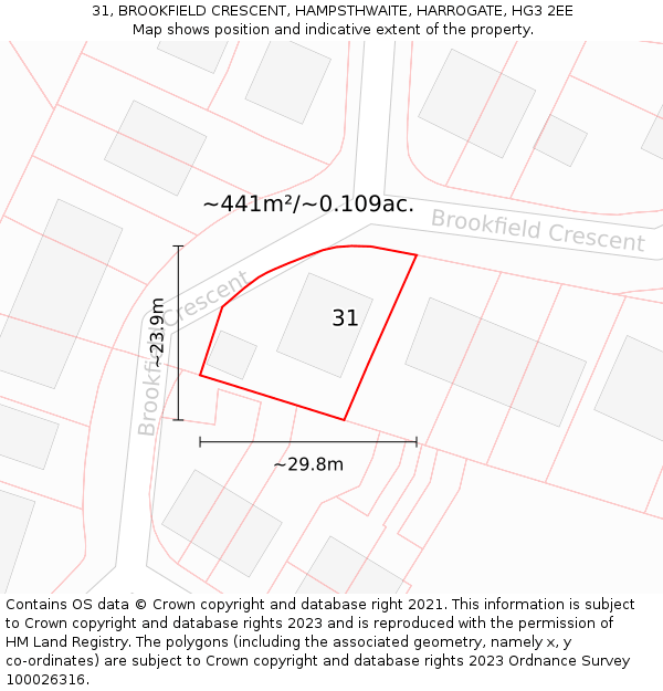 31, BROOKFIELD CRESCENT, HAMPSTHWAITE, HARROGATE, HG3 2EE: Plot and title map