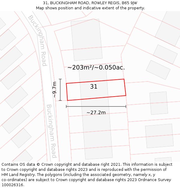 31, BUCKINGHAM ROAD, ROWLEY REGIS, B65 9JW: Plot and title map