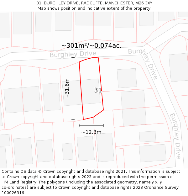 31, BURGHLEY DRIVE, RADCLIFFE, MANCHESTER, M26 3XY: Plot and title map