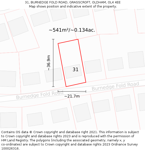 31, BURNEDGE FOLD ROAD, GRASSCROFT, OLDHAM, OL4 4EE: Plot and title map