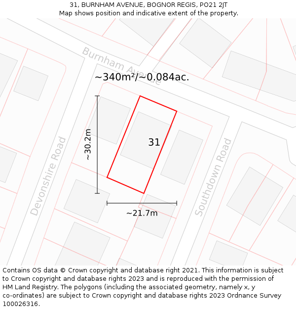 31, BURNHAM AVENUE, BOGNOR REGIS, PO21 2JT: Plot and title map